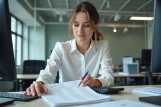 Femme professionnelle concentrée sur une fiche de temps au bureau