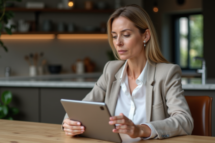 Femme d'âge moyen utilisant une tablette dans une cuisine moderne