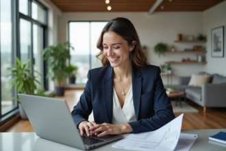 Jeune femme souriante dans un bureau moderne au Canada