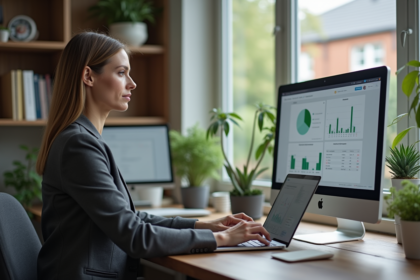 Femme d'âge moyen travaillant sur son ordinateur dans un bureau moderne