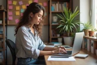 Jeune femme travaillant sur un ordinateur dans un bureau cosy