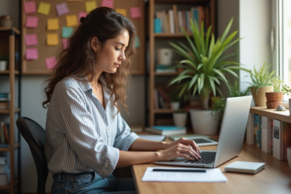 Jeune femme travaillant sur un ordinateur dans un bureau cosy