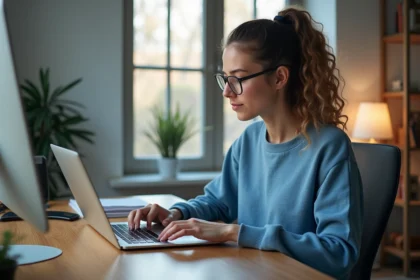 Jeune femme concentrée sur son ordinateur dans un bureau moderne