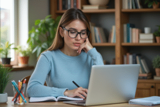 Femme concentrée à son bureau avec ordinateur et livres