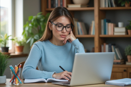 Femme concentrée à son bureau avec ordinateur et livres