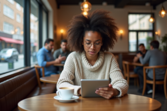 Femme d'âge moyen au café avec tablette et café