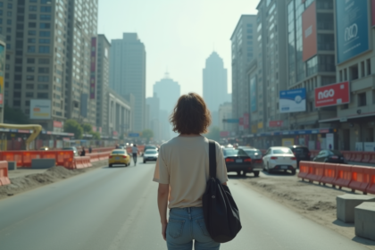 Femme d'âge moyen dans une rue animée de la ville