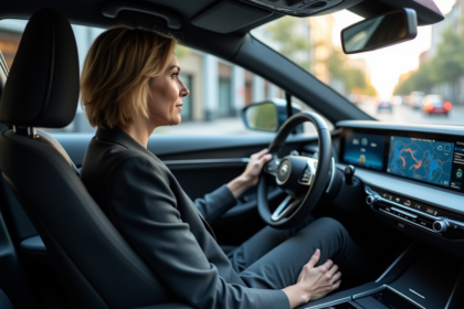 Femme d affaires dans une voiture autonome moderne
