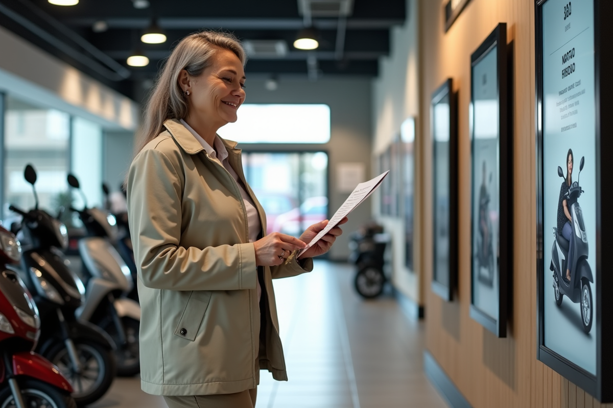 Femme souriante consulte un prix dans un showroom de scooters
