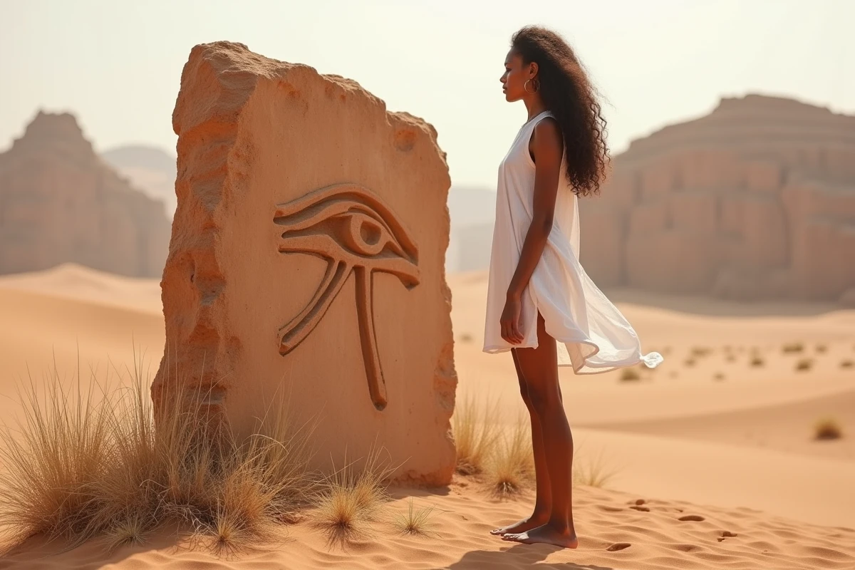 Jeune femme contemplant une pierre gravée de l'œil d'Horus dans un paysage désertique aride lors d'une quête spirituelle
