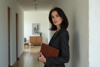 Femme élégante en costume noir dans un bureau moderne