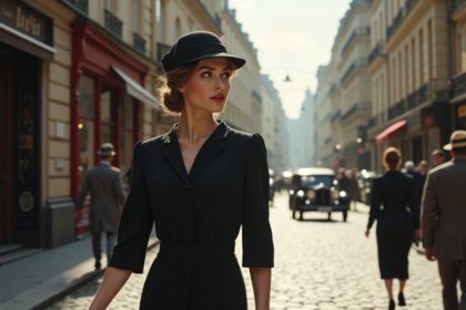 Femme élégante en robe noire dans une rue parisienne des années 1920