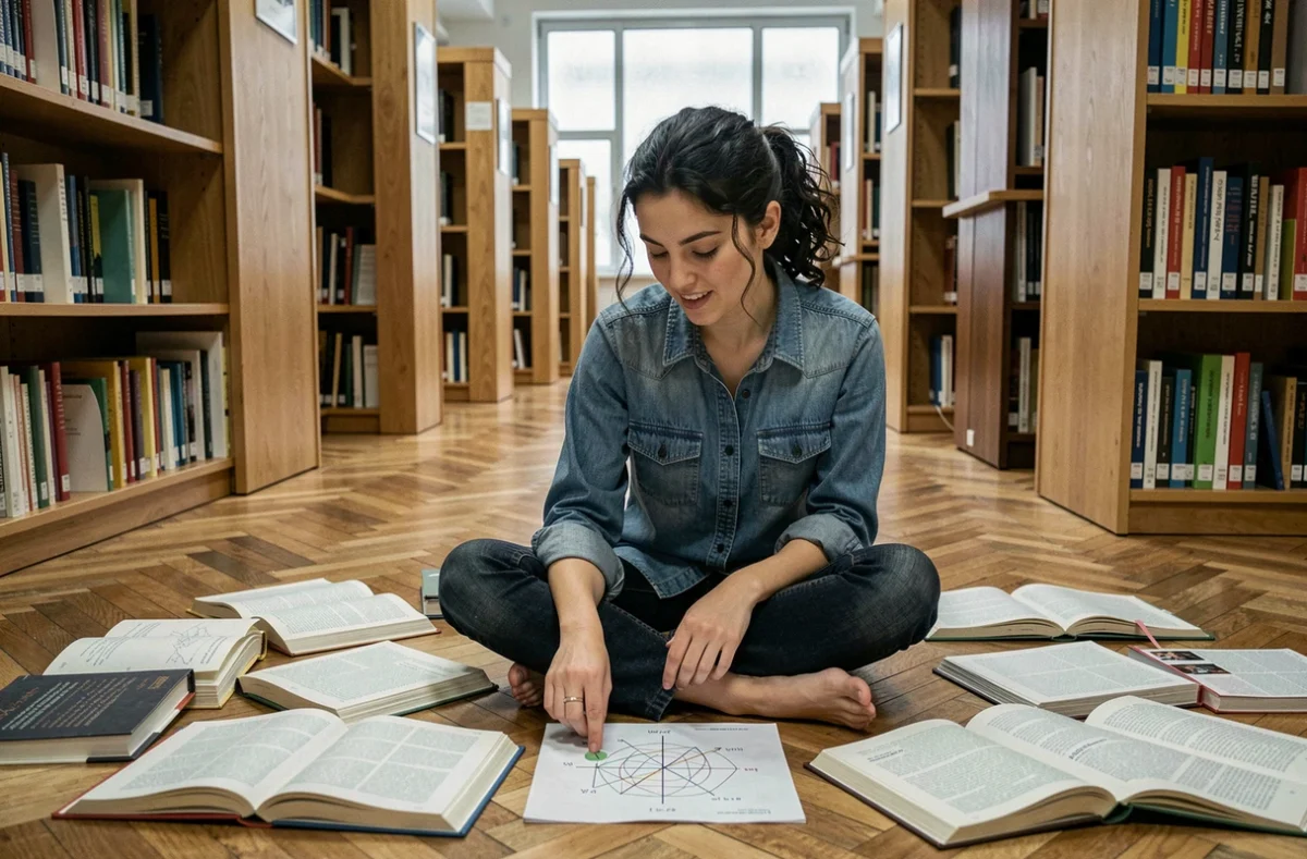 Jeune femme étudiant des énigmes logiques difficiles entourée de livres dans une bibliothèque universitaire