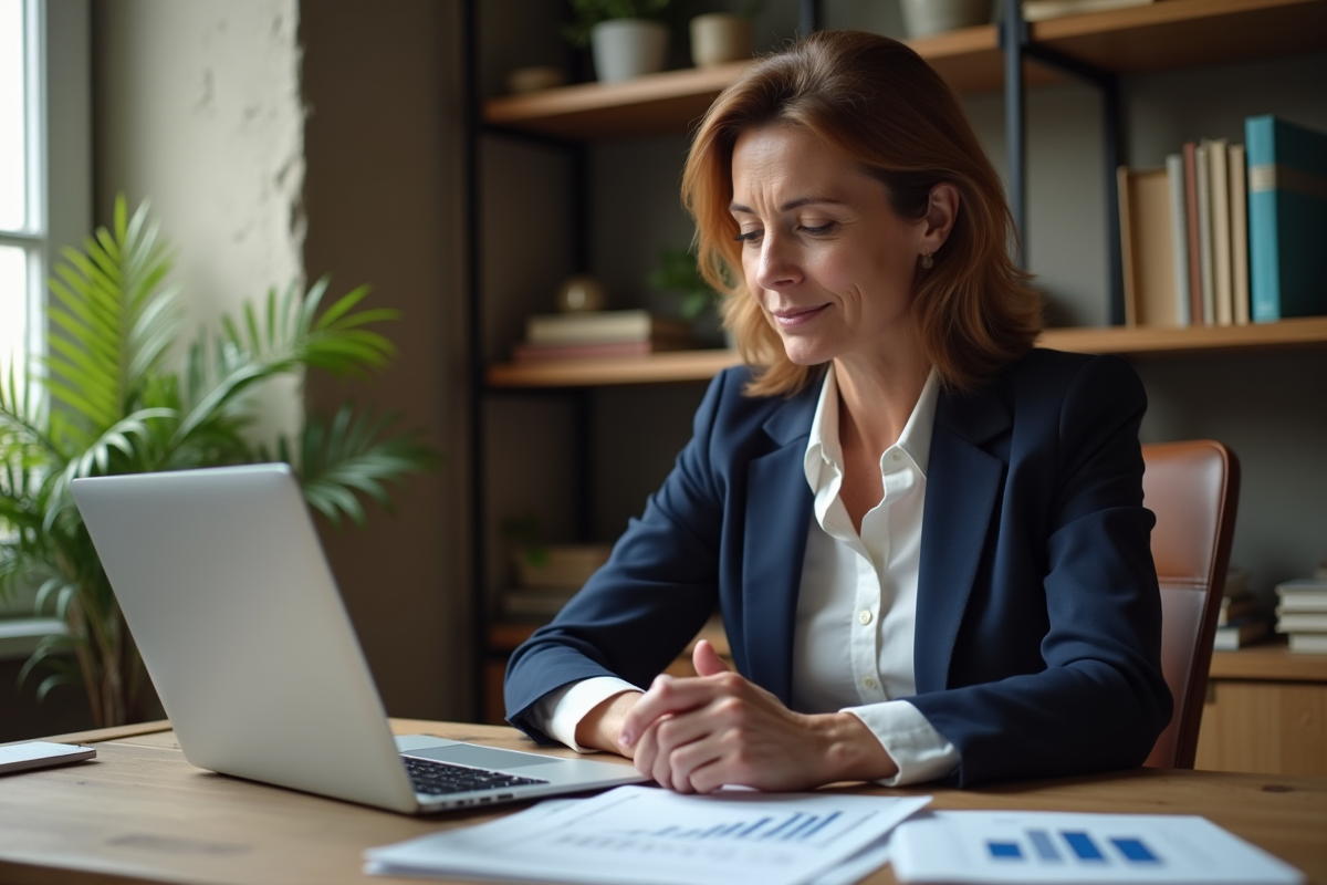 Femme d'âge moyen analysant des documents financiers dans un bureau à domicile