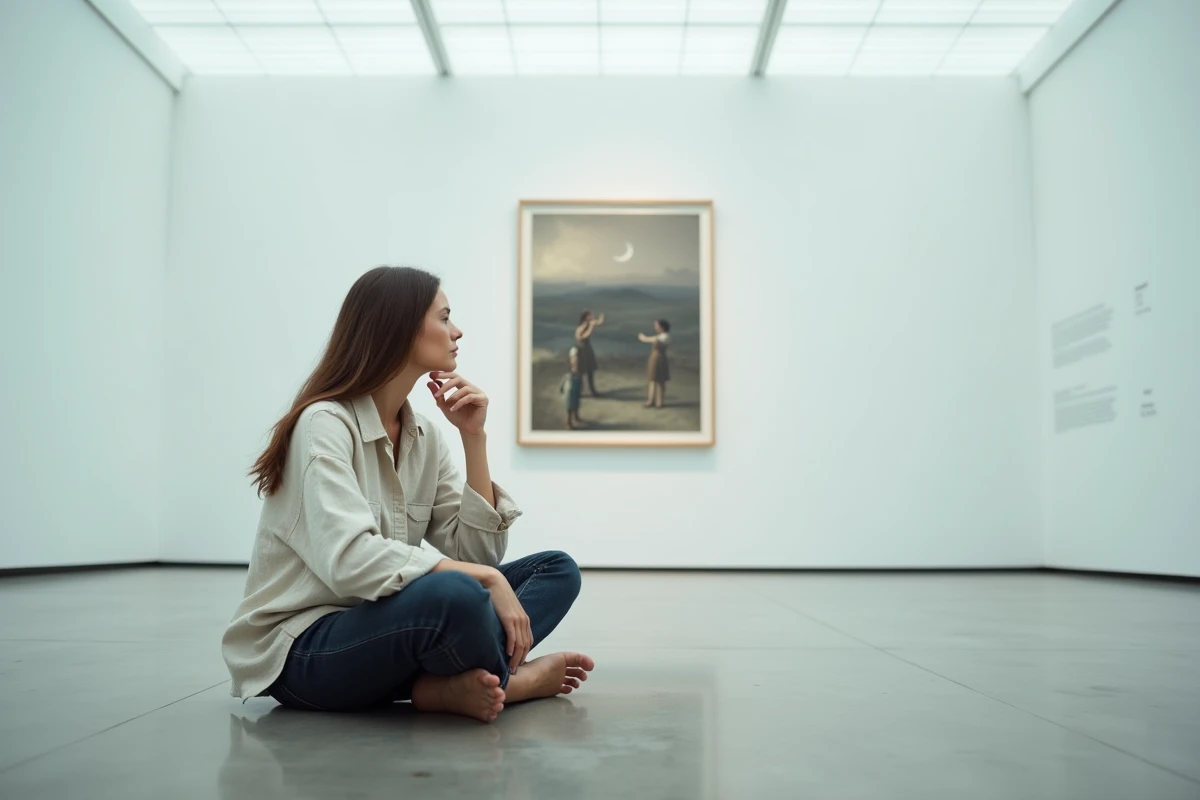 Jeune femme contemplant le tableau 'La Trahison des images' de Magritte dans une galerie d'art moderne, réflexion sur le langage et la représentation