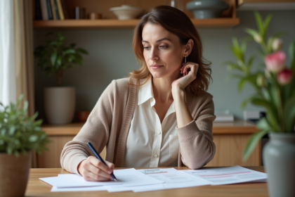 Femme d'âge moyen examinant des documents financiers à la maison