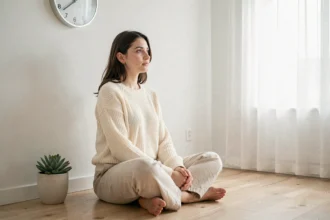 Jeune femme contemplant une horloge affichant 1h11 dans un appartement minimaliste, évoquant la signification des heures miroirs et la flamme jumelle