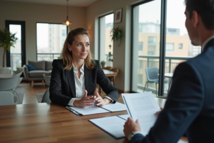 Femme d'affaires examinant des documents dans un appartement moderne