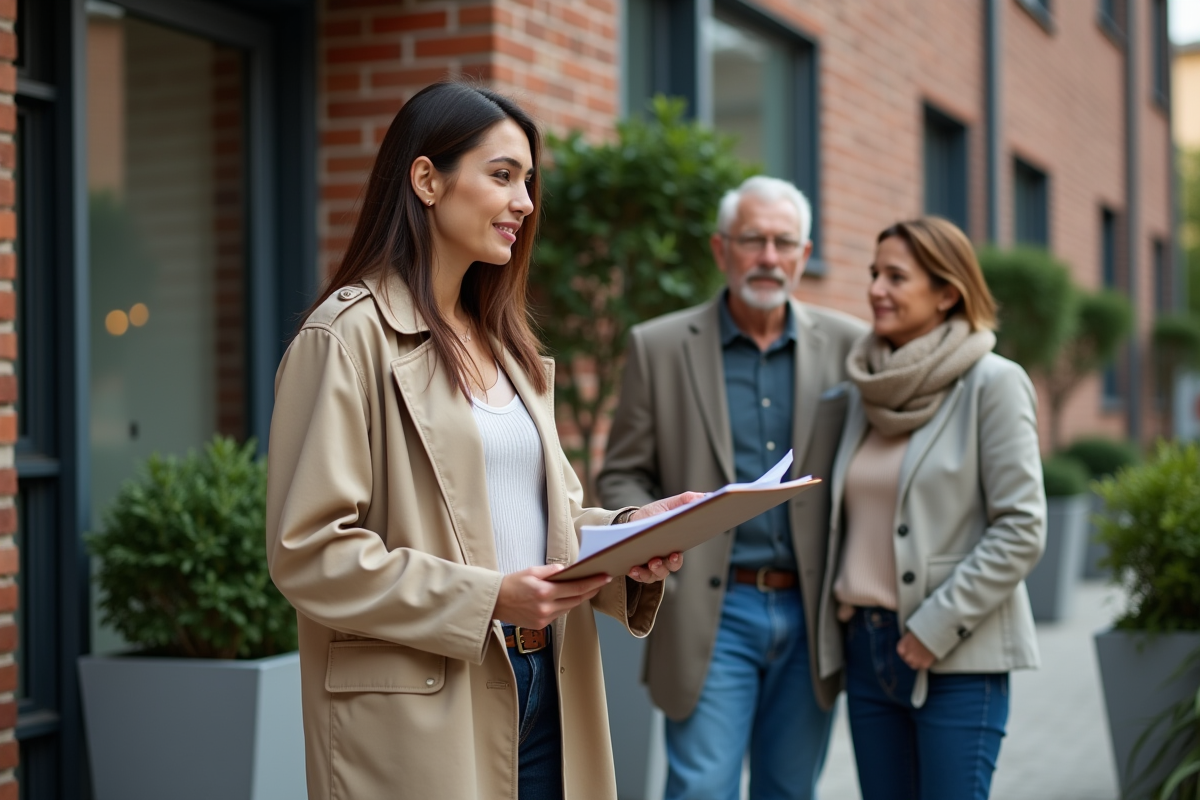 Femme en trench explique détails à couple devant immeuble