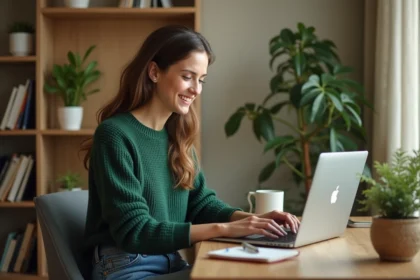 Femme souriante jouant au jeu Google Year of the Snake dans un bureau cosy