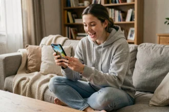 Jeune femme enthousiaste jouant à Monopoly GO sur smartphone dans un salon moderne