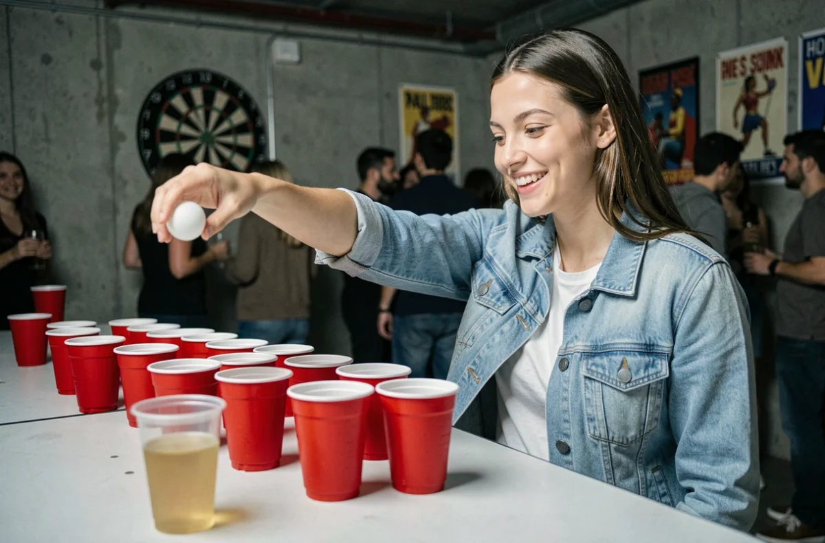 Jeune femme concentrée s'apprêtant à lancer une balle de ping pong dans des gobelets rouges lors d'une soirée beer pong