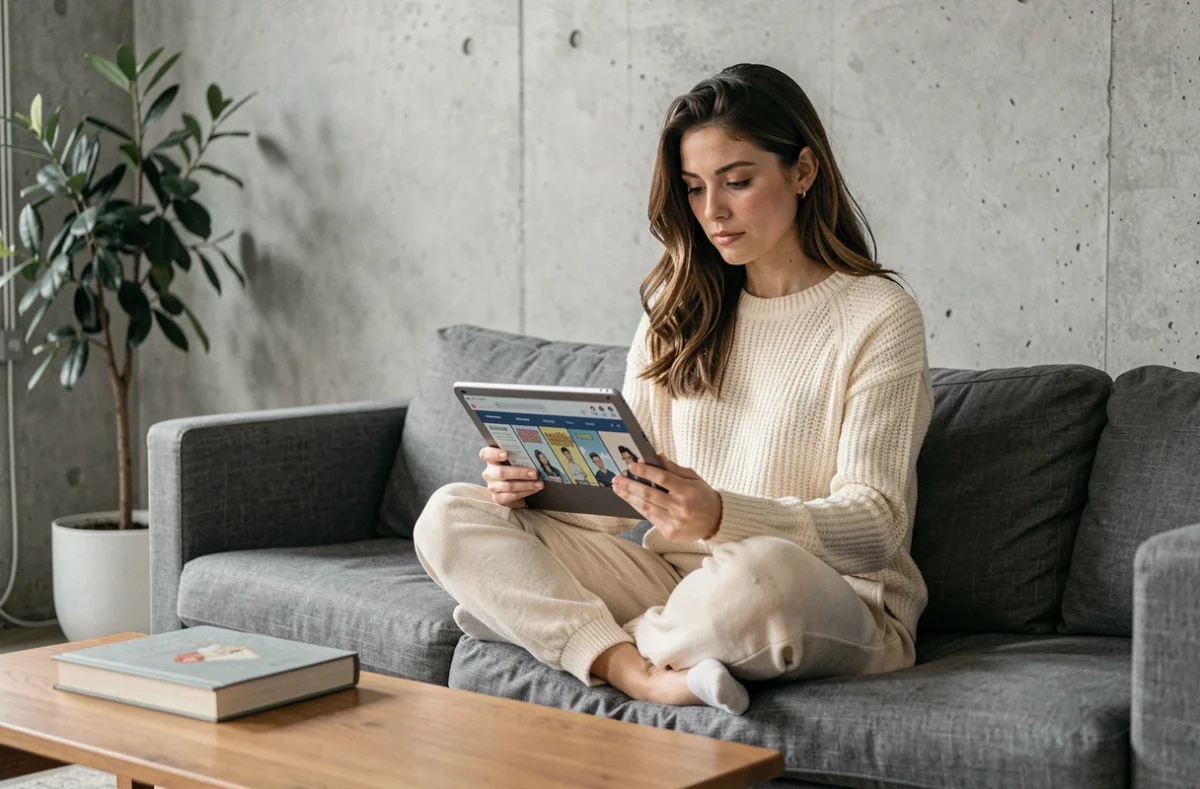 Jeune femme lisant un webtoon sur tablette dans un salon moderne, illustrant la lecture et l'analyse critique d'un manhwa comme Secret Class