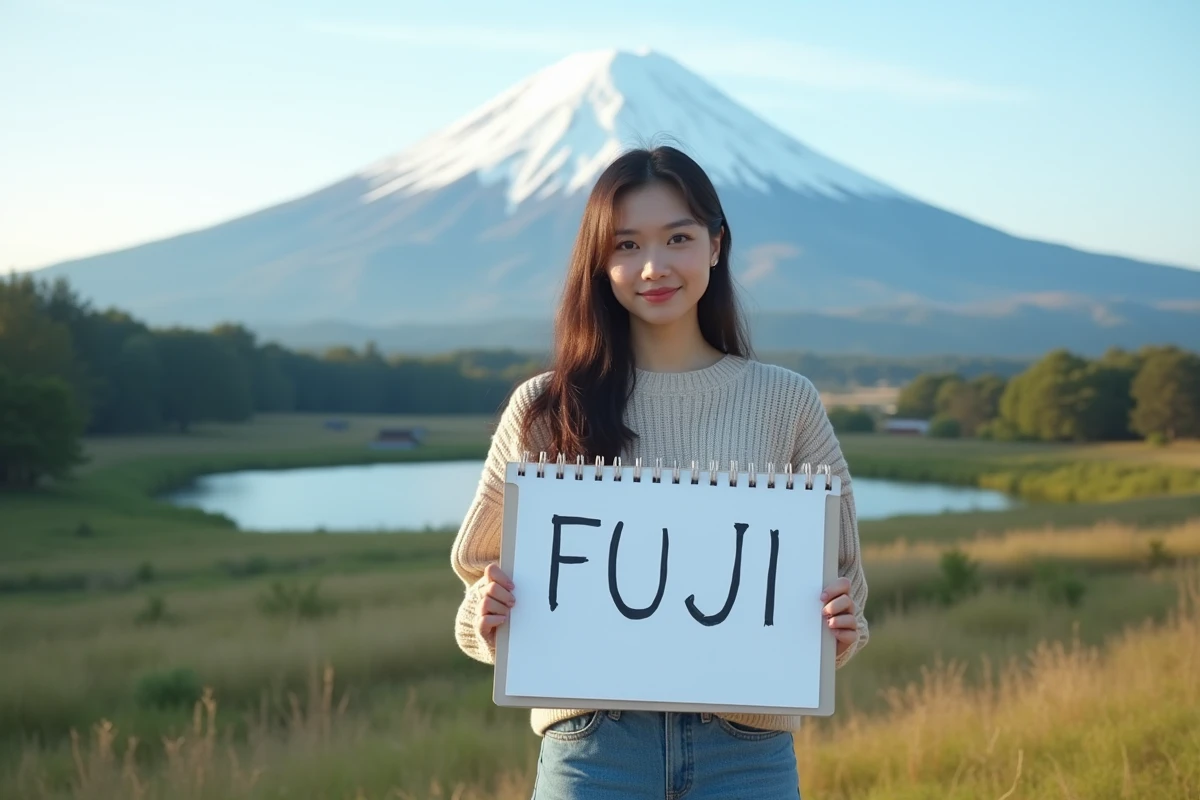 Jeune femme devant le mont Fuji tenant un carnet avec le mot FUJI