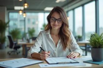 Femme en bureau moderne consulte des graphiques de temps