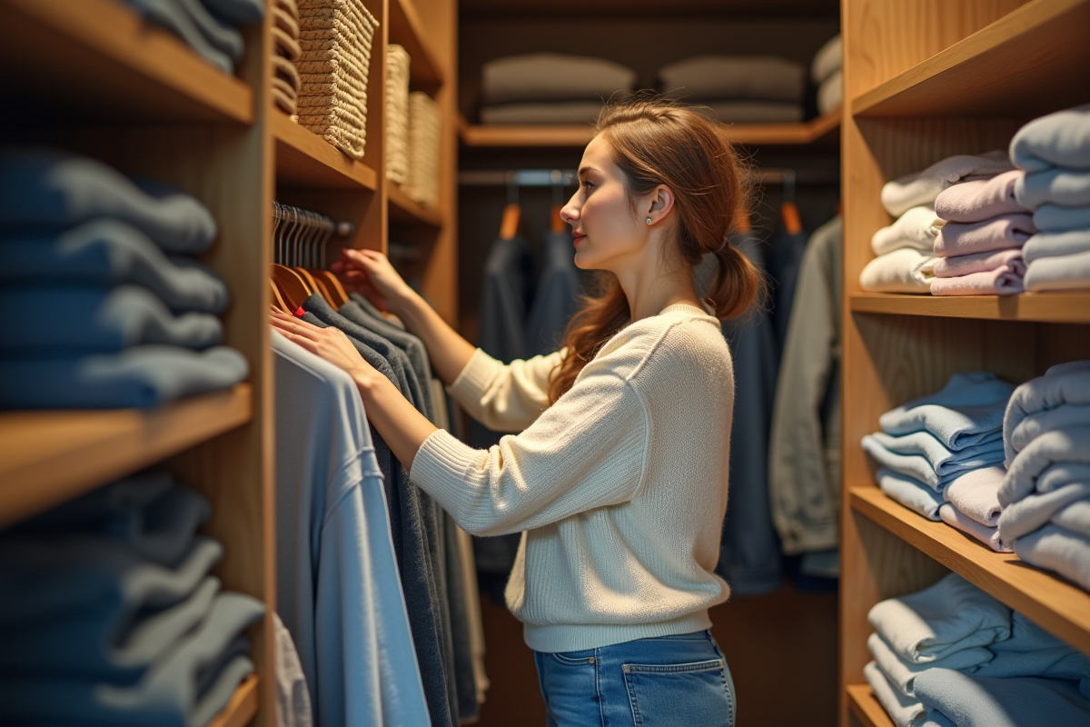 Femme organisée dans un dressing moderne et spacieux