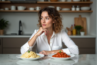 Femme en blouse blanche examine deux assiettes de pâtes