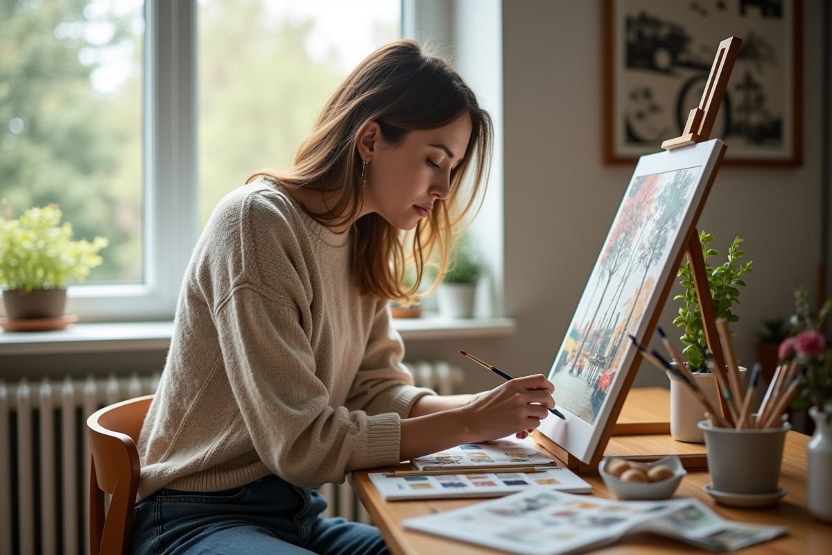 Femme en sweater beige peignant par numéros dans la cuisine