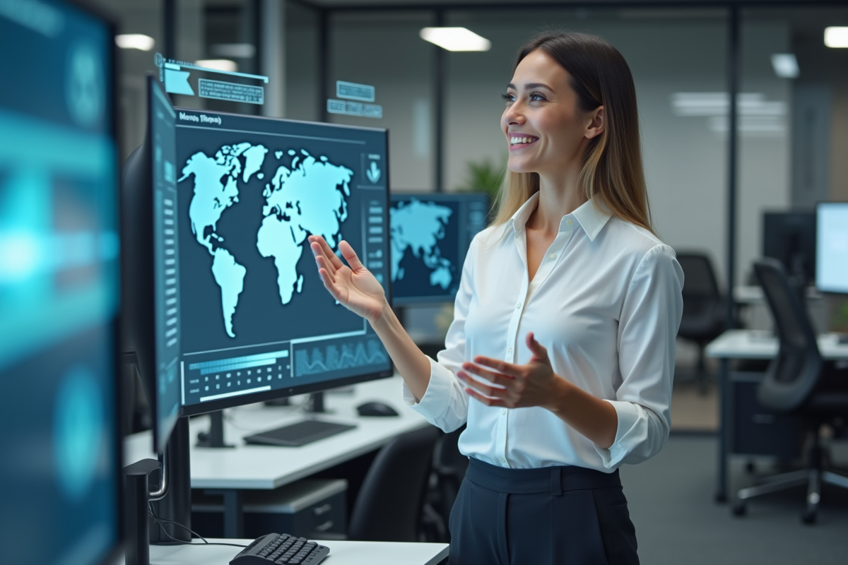 Jeune femme expliquant un tableau de bord logistique moderne