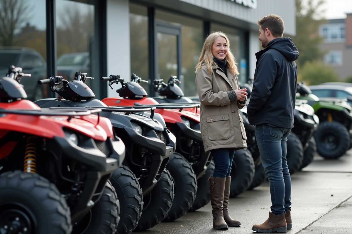 Femme discutant avec vendeur de quads devant le concessionnaire