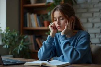 Jeune femme pensante à la maison regardant l'horloge