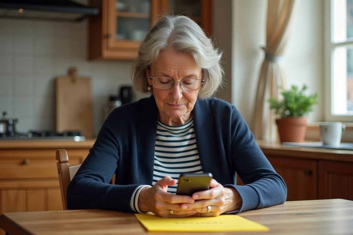 Femme scannant avec son smartphone le code-barres d'un avis de passage recommandé 2C sur une table de cuisine