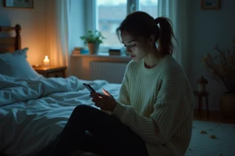 Jeune femme seule contemplant 03h03 sur son téléphone dans l'obscurité de la nuit, symbolisant la nuit noire de l'âme et les flammes jumelles