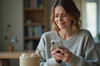 Femme tenant un smartphone affichant un appel entrant avec l'indicatif +44, symbole du Royaume-Uni