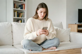 Jeune femme consultant son smartphone sur un canapé, symbolisant la navigation discrète sur Instagram avec l'application Storieig