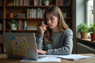 Jeune femme concentrée cherchant la solution du jeu Pedantix sur un ordinateur portable, entourée de notes manuscrites et de dictionnaires