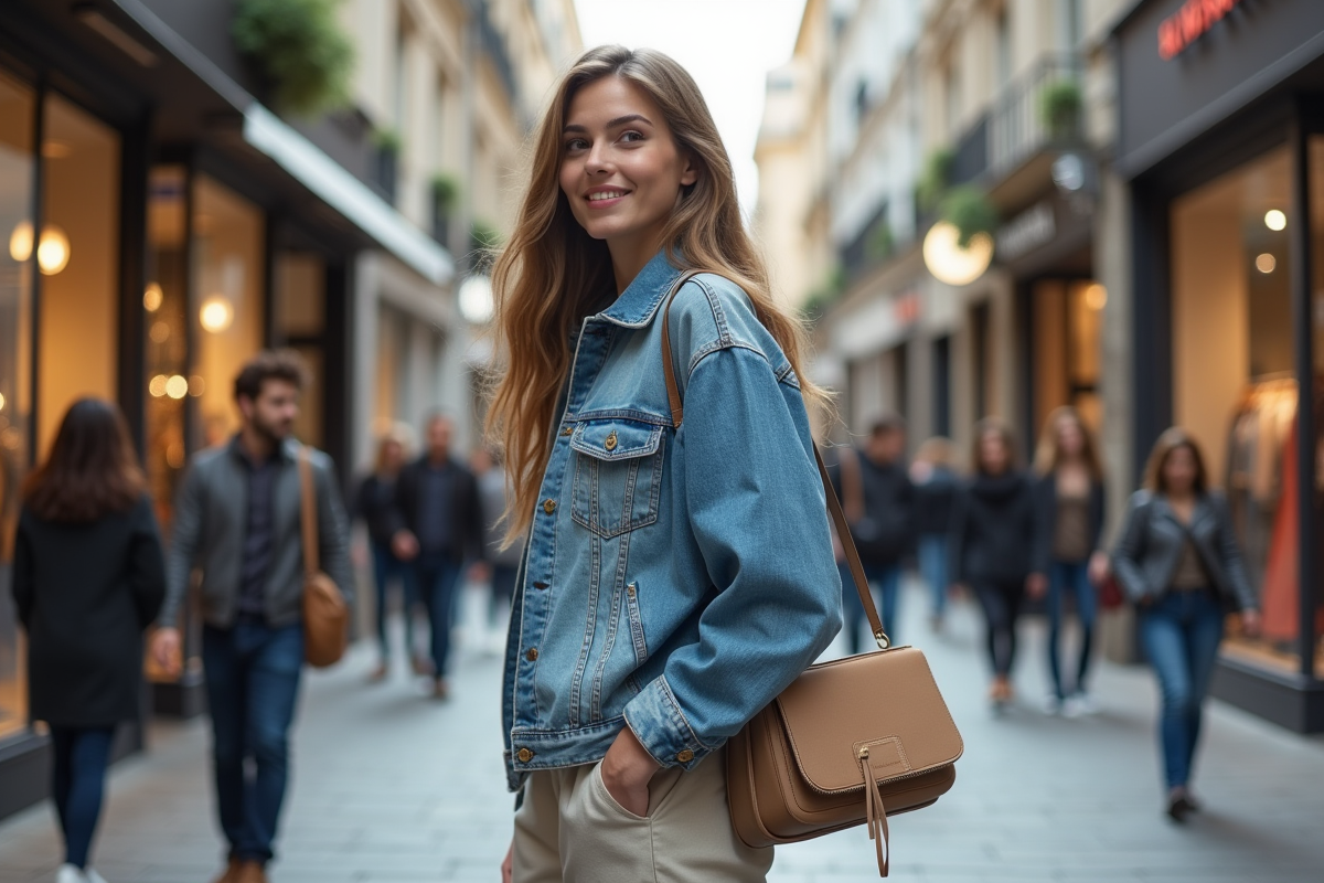 Jeune femme en denim dans une rue urbaine dynamique