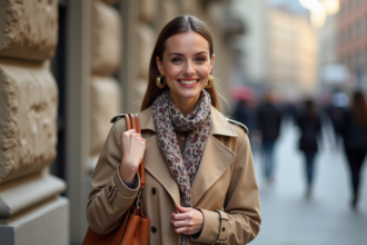 Femme élégante en trench beige et foulard en ville