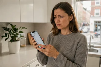 Femme consultant le suivi de son colis bloqué en transit sur une application mobile dans sa cuisine