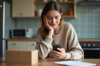 Femme vérifiant un suivi de colis sur son smartphone à la maison