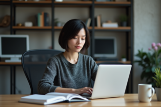 Jeune femme concentrée travaillant sur un ordinateur en sécurité informatique