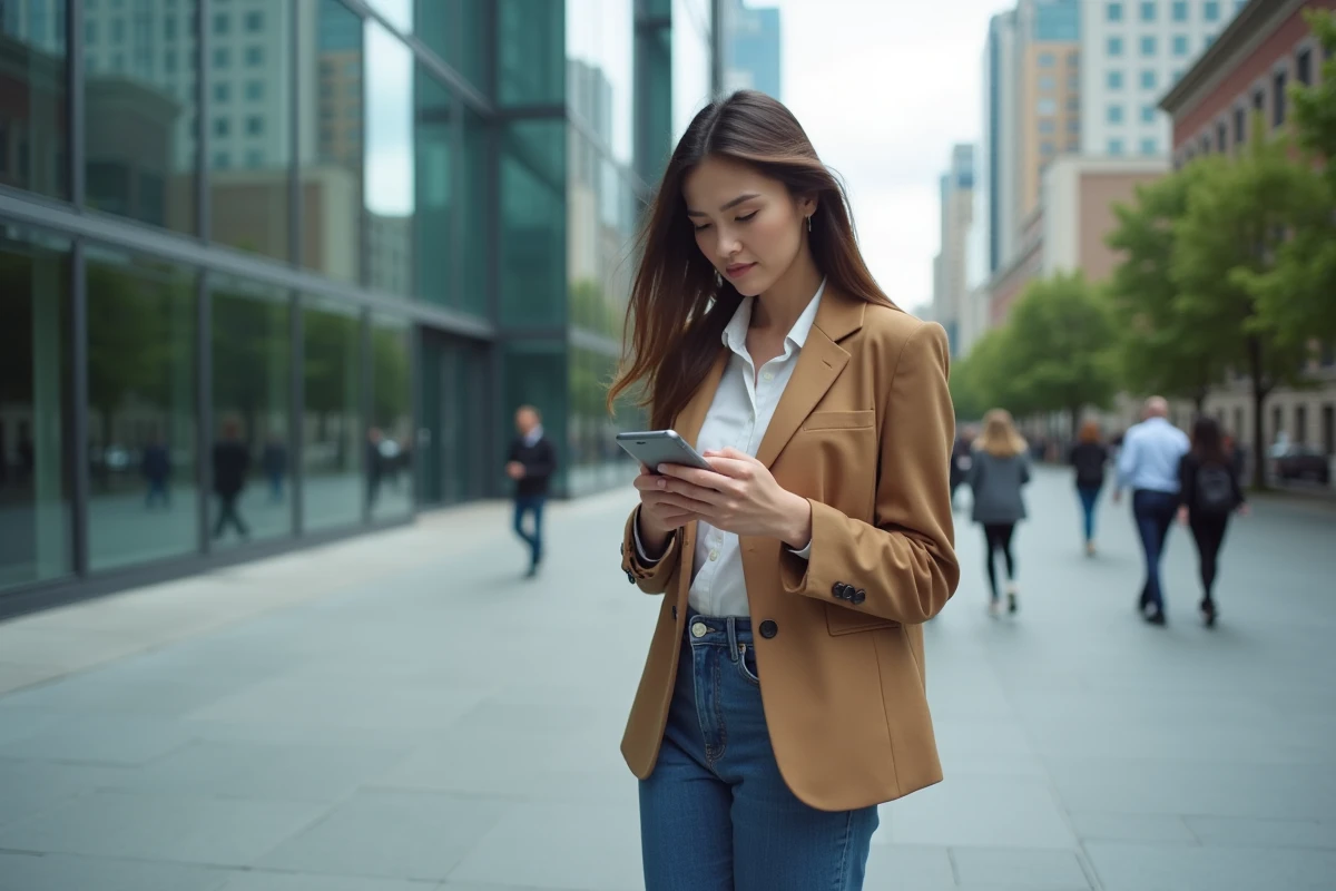Jeune femme urbaine regardant son smartphone en extérieur