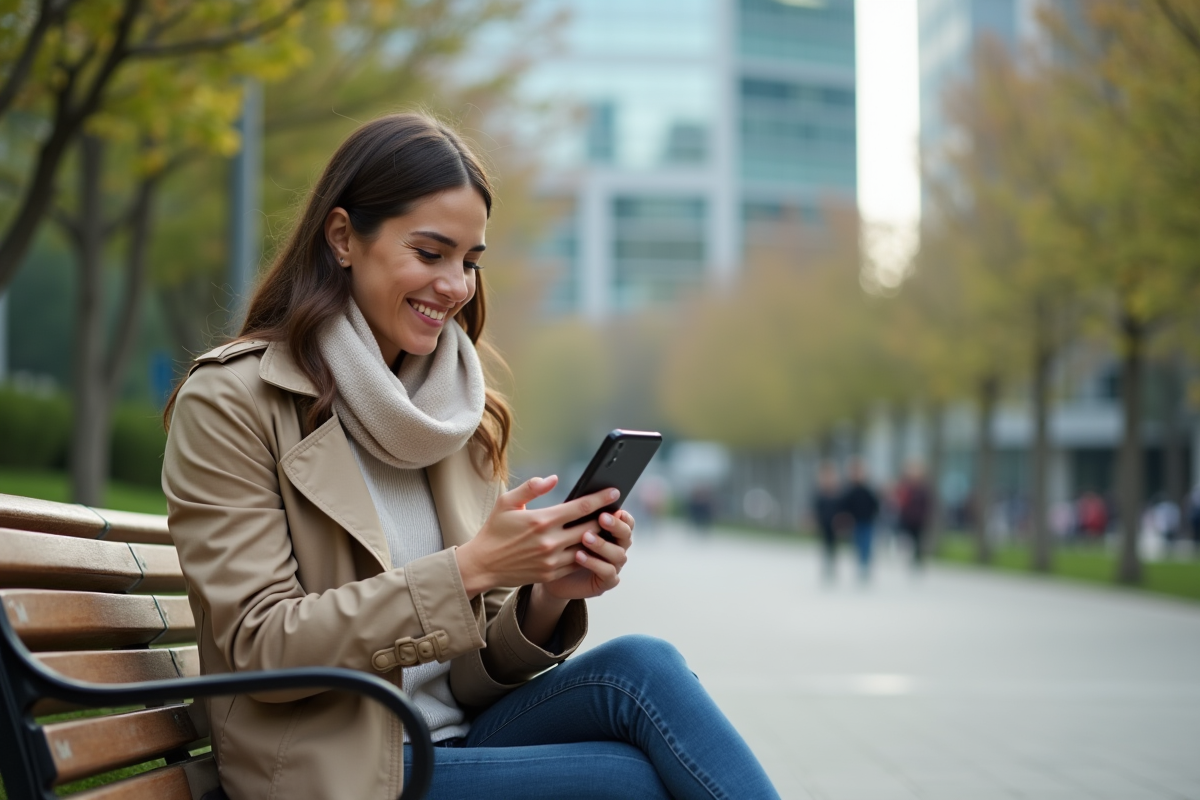 Jeune femme utilisant une application fintech en plein air