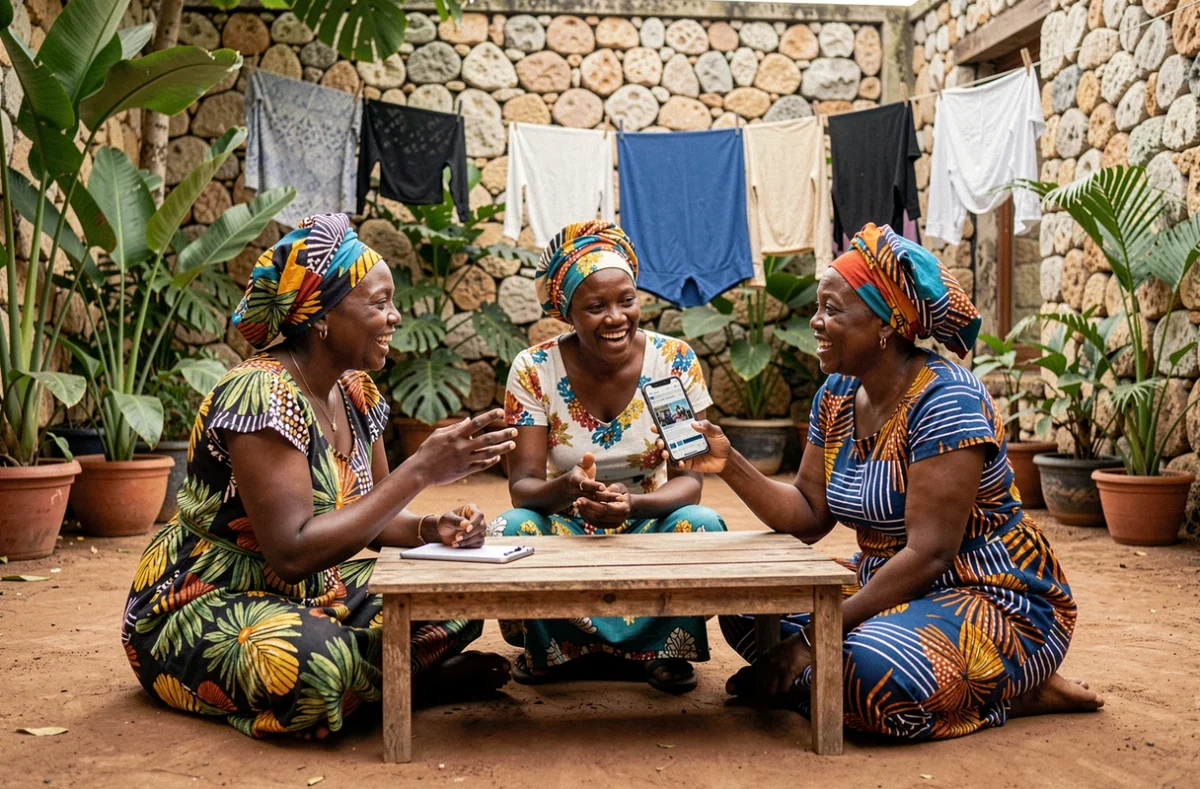 Femmes comoriennes discutant de l'actualité sur un smartphone dans une cour intérieure