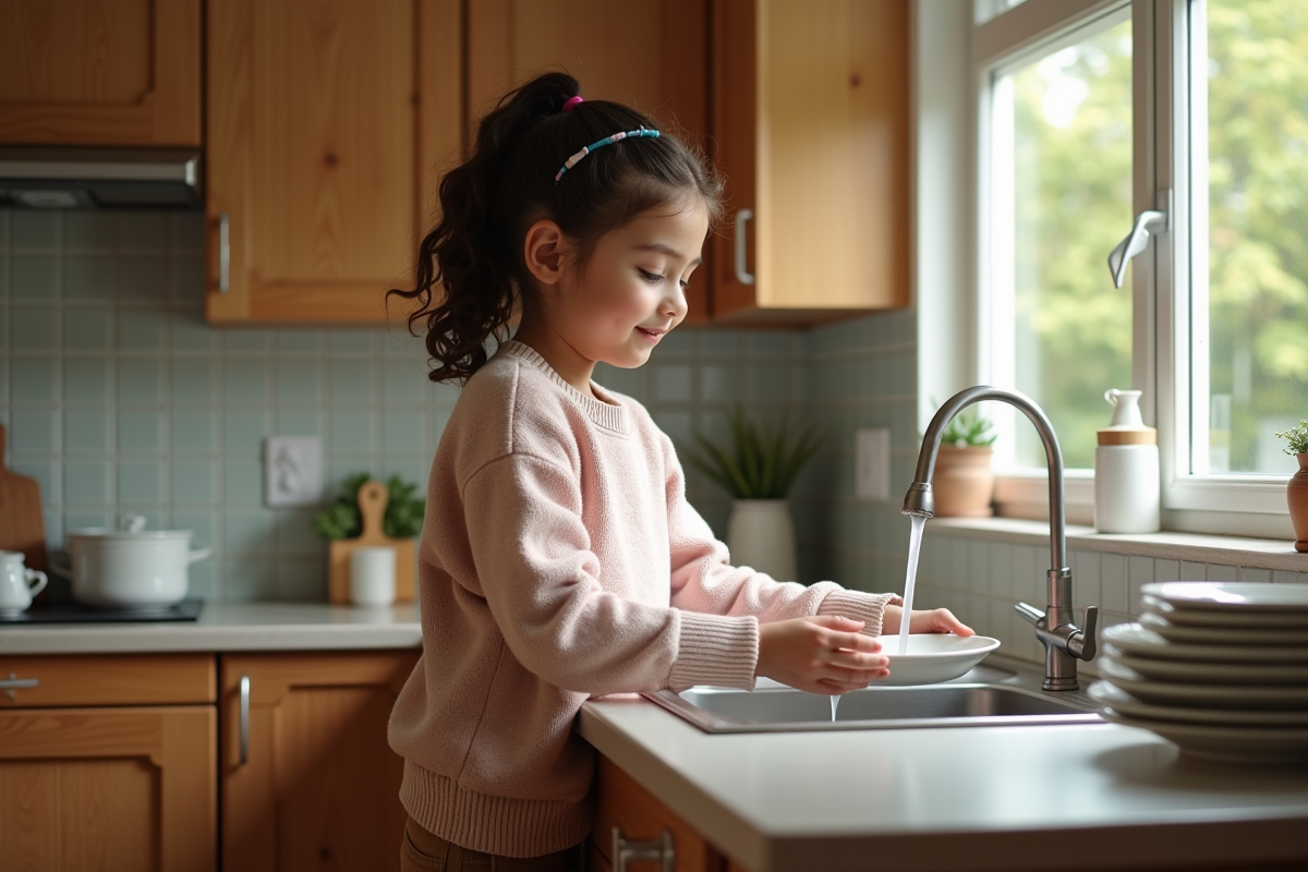 Fille de 12 ans lavant des assiettes dans la cuisine