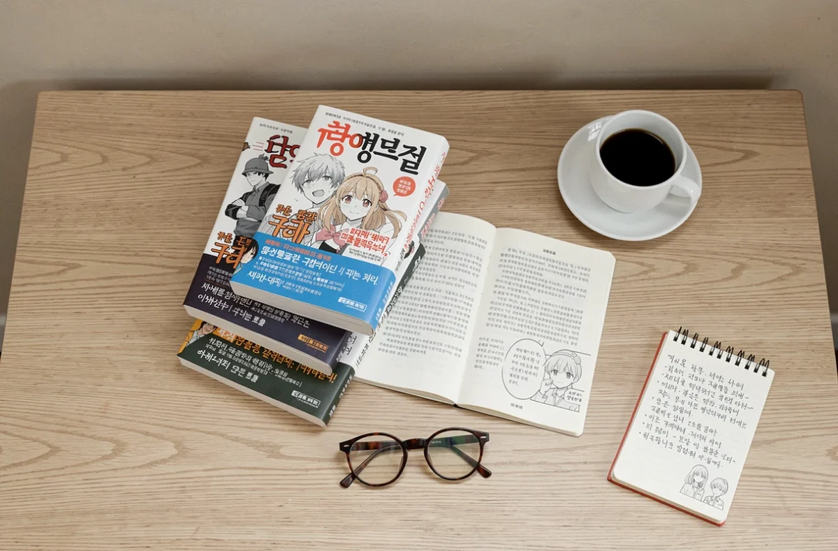 Flat lay de volumes de manhwa coréens ouverts avec café et notes manuscrites, pour une analyse éditoriale de Secret Class